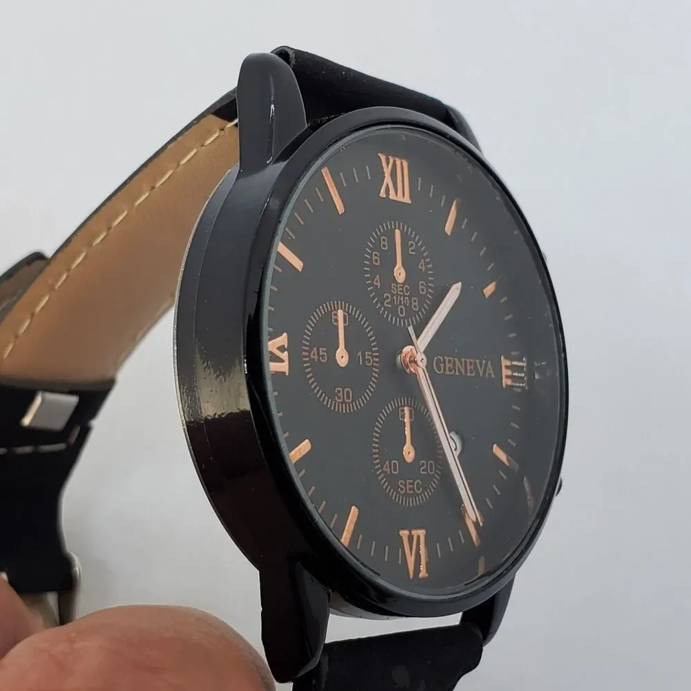 Men's Watch 42MM Black Dial Case Date Black Leather‎ Bands Analog Watch